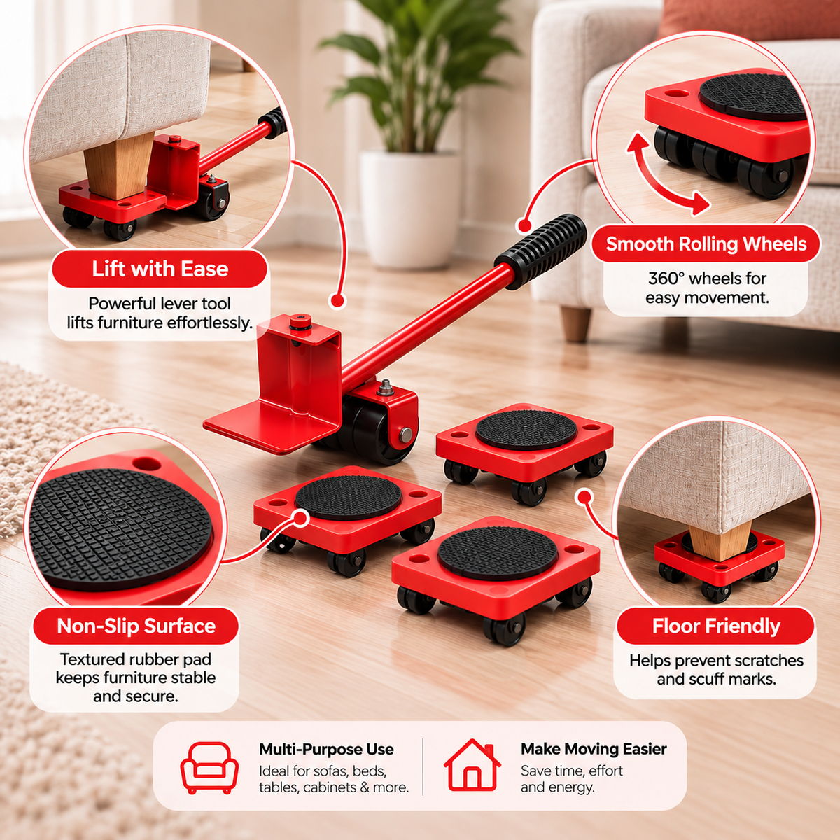 MoveEase furniture lifter and mover tool set technology infographic